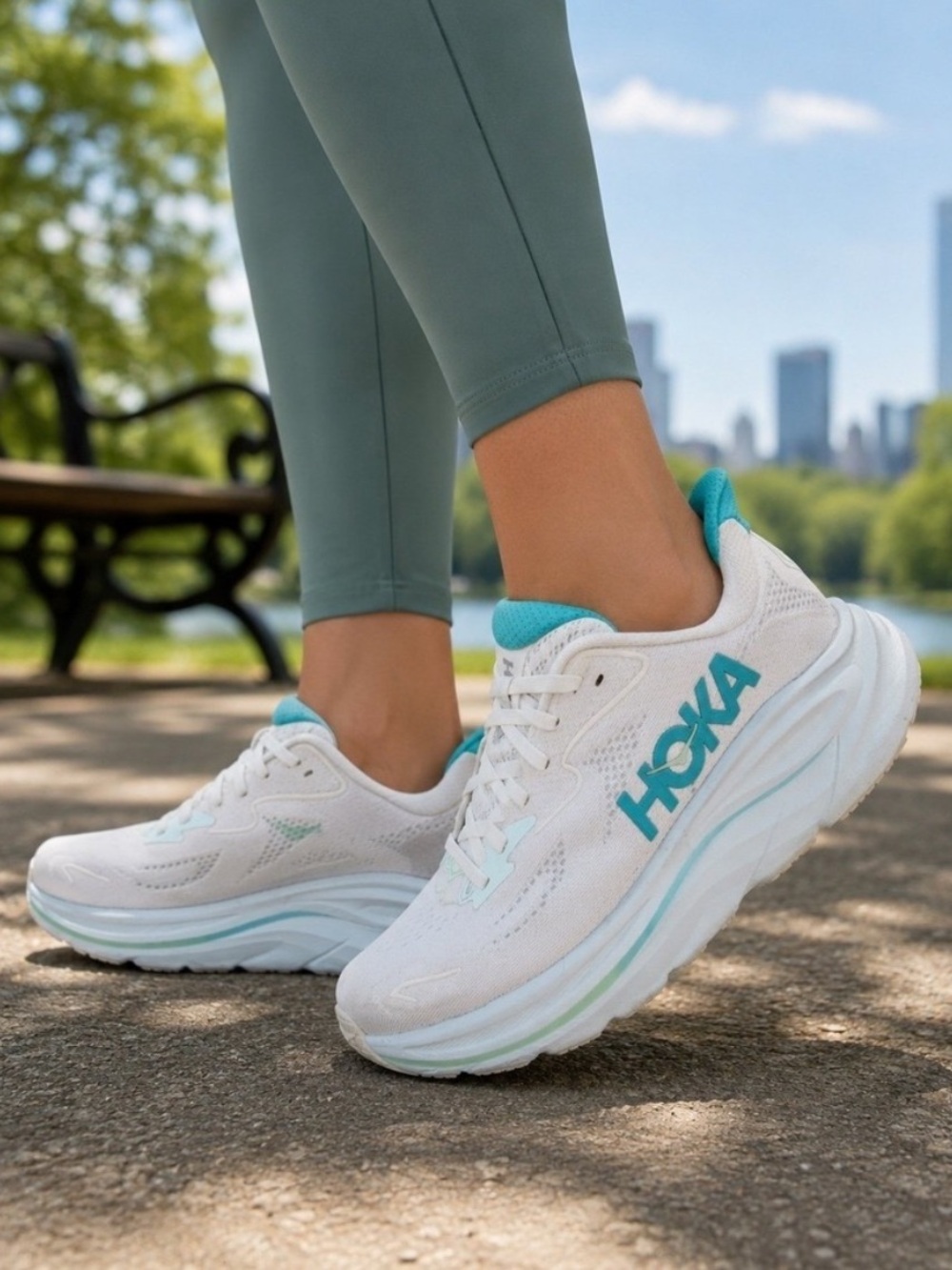 HOKA Clifton 10 Women’s Running Shoes White Cielo Aqua Blue Size 6B